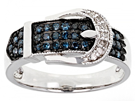 Blue And White Diamond Rhodium Over Sterling Silver Buckle Ring 0.25ctw