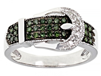 Picture of Green And White Diamond Rhodium Over Sterling Silver Buckle Ring 0.25ctw