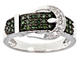 Green And White Diamond Rhodium Over Sterling Silver Buckle Ring 0.25ctw