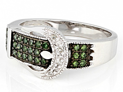 Green And White Diamond Rhodium Over Sterling Silver Buckle Ring 0.25ctw