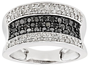 Black And White Diamond Rhodium Over Sterling Silver Wide Band Ring 0.95ctw