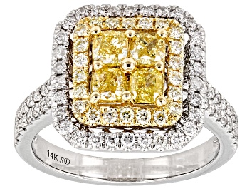 Picture of Natural Yellow Diamond And White Diamond 14k White Gold Halo Ring 1.55ctw