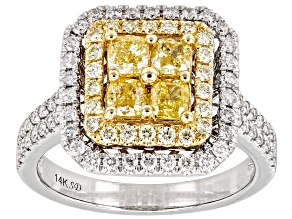 Natural Yellow Diamond And White Diamond 14k White Gold Halo Ring 1.55ctw
