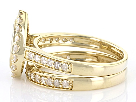 White Diamond 10k Yellow Gold Halo Ring With Matching Band 1.00ctw