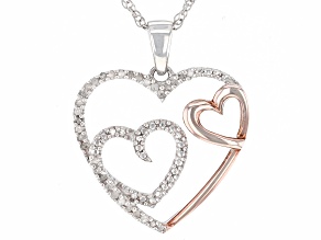 White Diamond Rhodium And 14k Rose Gold Over Sterling Silver Heart Pendant With Rope Chain 0.10ctw