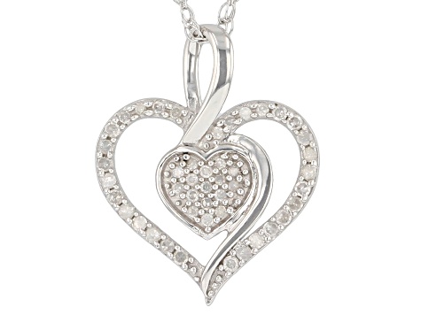 White Diamond Rhodium Over Sterling Silver Cluster Heart Pendant With 18" Rope Chain 0.20ctw