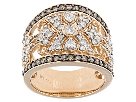White And Champagne Diamond 14k Rose Gold Wide Band Ring 1.25ctw