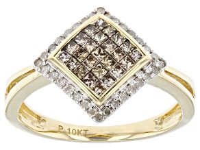 Champagne And White Diamond 10k Yellow Gold Cluster Ring 0.60ctw