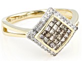 Champagne And White Diamond 10k Yellow Gold Cluster Ring 0.60ctw