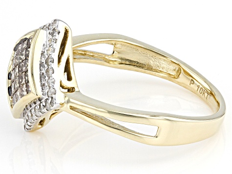 Champagne And White Diamond 10k Yellow Gold Cluster Ring 0.60ctw
