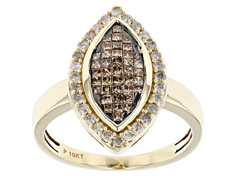 Champagne And White Diamond 10k Yellow Gold Cluster Ring 0.65ctw
