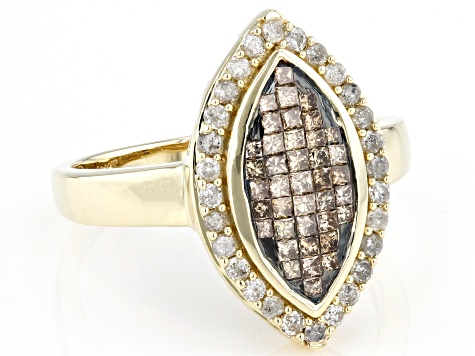Champagne And White Diamond 10k Yellow Gold Cluster Ring 0.65ctw