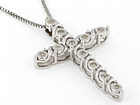 White Diamond Rhodium Over Sterling Silver Cross Slide Pendant With 18" Box Chain 0.10ctw