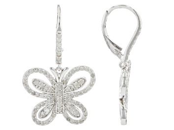 Picture of White Diamond Rhodium Over Sterling Silver Butterfly Earrings 1.00ctw