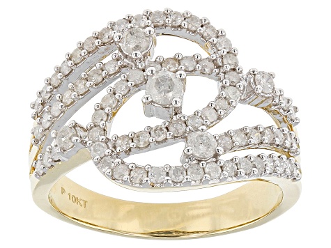 White Diamond 10k Yellow Gold Open Design Ring 0.90ctw