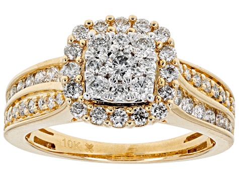 White Diamond 10k Yellow Gold Halo Ring 1.00ctw