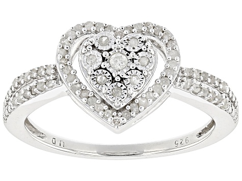 White Diamond Rhodium Over Sterling Silver Cluster Heart Ring 0.20ctw ...