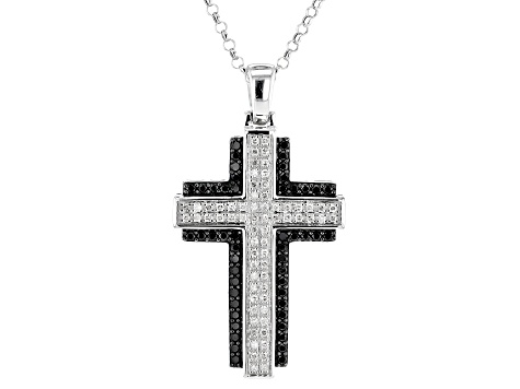 Black And White Diamond 10k White Gold Cross Pendant With 22" Rolo Chain 1.00ctw