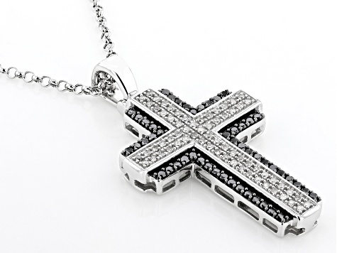 Black And White Diamond 10k White Gold Cross Pendant With 22" Rolo Chain 1.00ctw