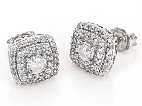 White Diamond Rhodium Over Sterling Silver Halo Stud Earrings 1.00ctw