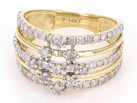 White Diamond 10k Yellow Gold Multi-Row Ring 1.00ctw