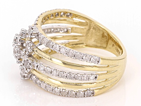 White Diamond 10k Yellow Gold Multi-Row Ring 1.00ctw