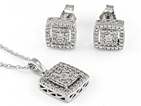 White Diamond Rhodium Over Sterling Silver Earring And Pendant Cluster Jewelry Set 0.40ctw