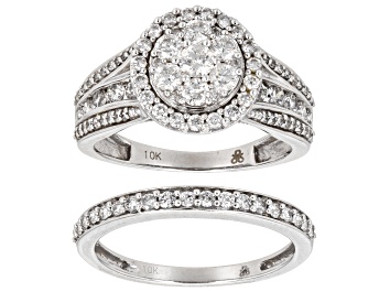 Picture of White Diamond 10k White Gold Halo Ring With Matching Band 1.50ctw