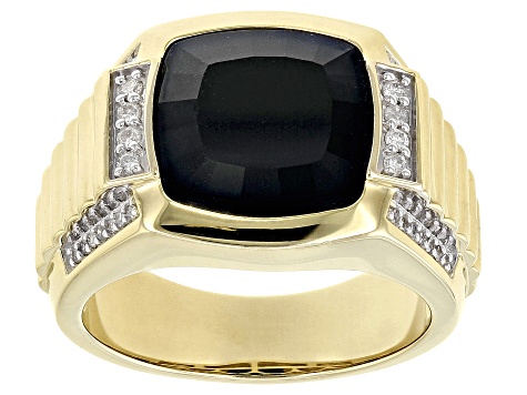 Black Onyx With 0.25ctw White Diamond 10k Yellow Gold Mens Center Design Ring
