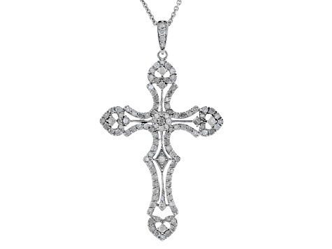 White Diamond Rhodium Over Sterling Silver Cross Pendant With 18" Cable Chain 1.00ctw