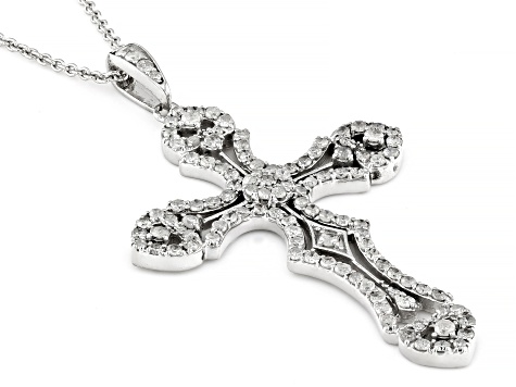 White Diamond Rhodium Over Sterling Silver Cross Pendant With 18" Cable Chain 1.00ctw