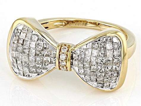 White Diamond 10k Yellow Gold Bow Ring 1.00ctw