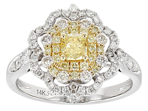 Natural Yellow And White Diamond 14k White Gold Halo Ring 1.00ctw