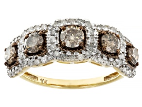 Champagne And White Diamond 10k Yellow Gold Halo Ring 1.20ctw