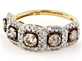 Champagne And White Diamond 10k Yellow Gold Halo Ring 1.20ctw
