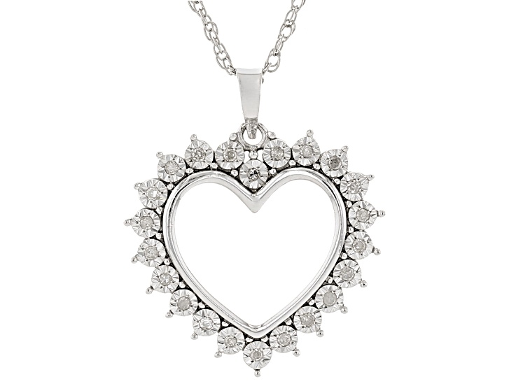 White Diamond Rhodium Over Sterling Silver Heart Pendant With 18