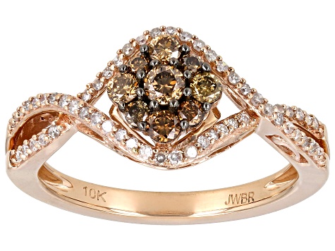 Champagne And White Diamond 10k Rose Gold Cluster Ring 0.50ctw