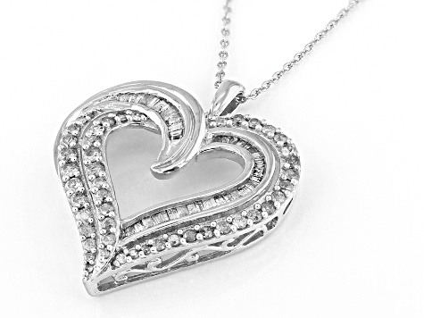 White Diamond Rhodium Over Sterling Silver Heart Pendant With 18" Cable Chain 1.00ctw