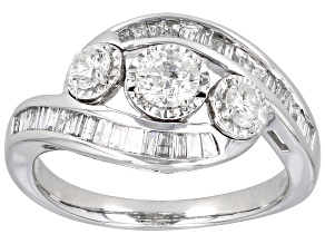 Round And Baguette White Diamond 10k White Gold 3-Stone Ring 1.00ctw