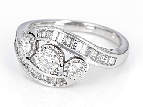 Round And Baguette White Diamond 10k White Gold 3-Stone Ring 1.00ctw