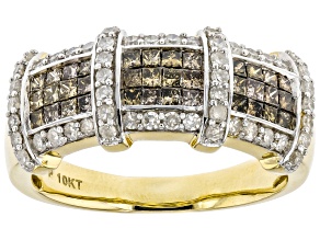 Champagne And White Diamond 10k Yellow Gold Cluster Band Ring 0.90ctw