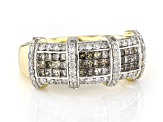 Champagne And White Diamond 10k Yellow Gold Cluster Band Ring 0.90ctw