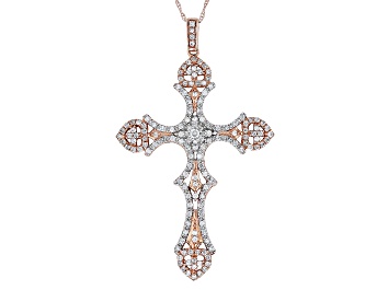 Picture of White Diamond 10k Rose Gold Cross Pendant With Chain 0.75ctw