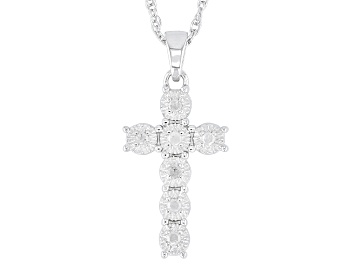 Picture of White Diamond Rhodium Over Sterling Silver Cross Pendant With 18" Rope Chain 0.10ctw