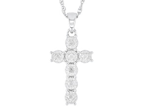 White Diamond Rhodium Over Sterling Silver Cross Pendant With 18" Rope Chain 0.10ctw