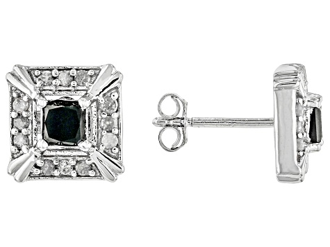 Black & White Diamond Rhodium Over Sterling Silver Stud Earrings 1.00ctw