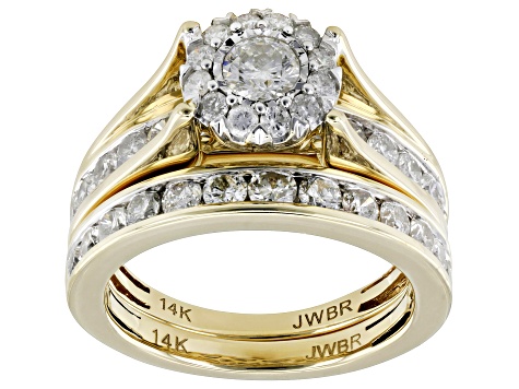 White Diamond 14k Yellow Gold Halo Ring With Matching Band 2.00ctw