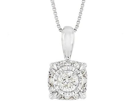 White Diamond 10k White Gold Halo Pendant With 18" Box Chain 0.50ctw