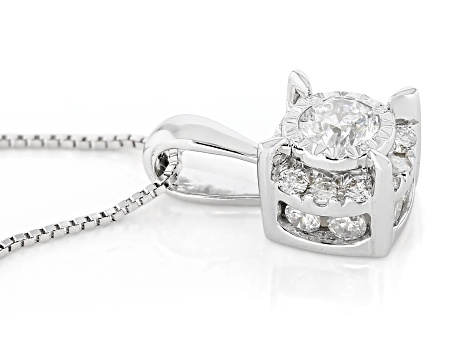 White Diamond 10k White Gold Halo Pendant With 18" Box Chain 0.50ctw