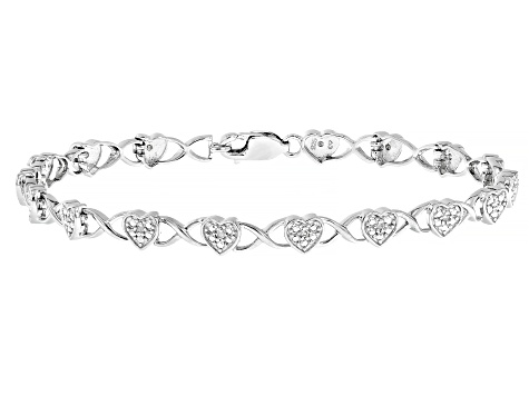 White Diamond Rhodium Over Sterling Silver Heart Tennis Bracelet 0.10ctw